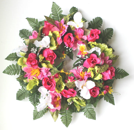 GSF Premium Exclusive - 14 inch Wreath with Bright Pink Roses and Spring mix