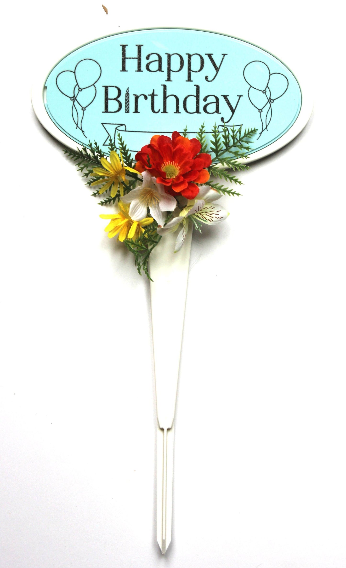 Blue Happy Birthday Stand with Accented Flowers- 18 inch Tall